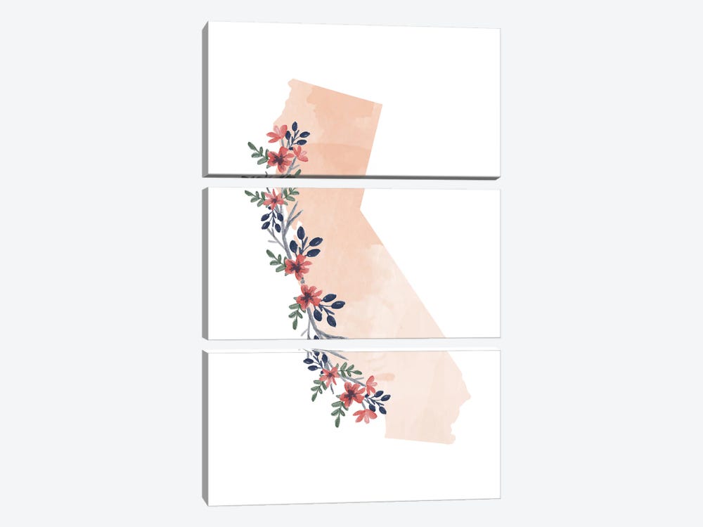 California Floral Watercolor State by Typologie Paper Co 3-piece Canvas Print