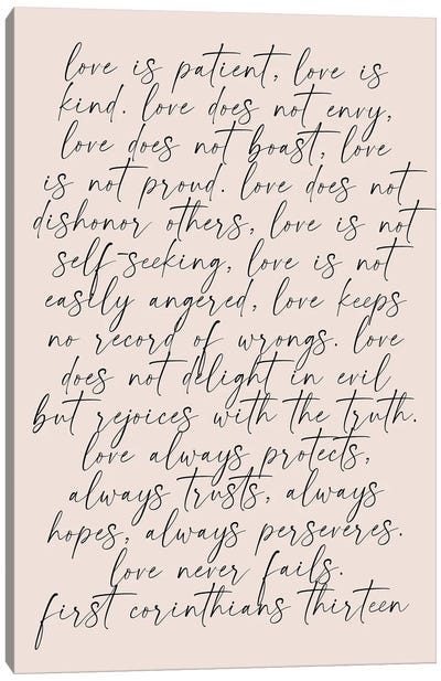 1 Corinthians 13 Love Never Fails Peach Background Canvas Art Print - Typologie Paper Co