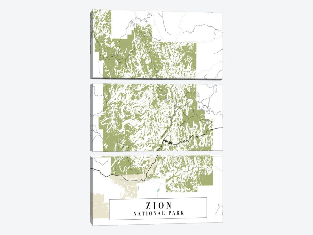 Zion National Park Retro Street Map by Typologie Paper Co 3-piece Canvas Art Print