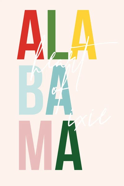 Alabama "Heart Of Dixie" Color State by Typologie Paper Co metal wall art