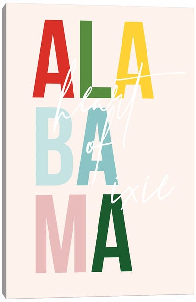 Alabama "Heart Of Dixie" Color State Canvas Art Print - Typologie Paper Co