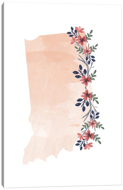 Indiana Floral Watercolor State Canvas Art Print - Indiana Art