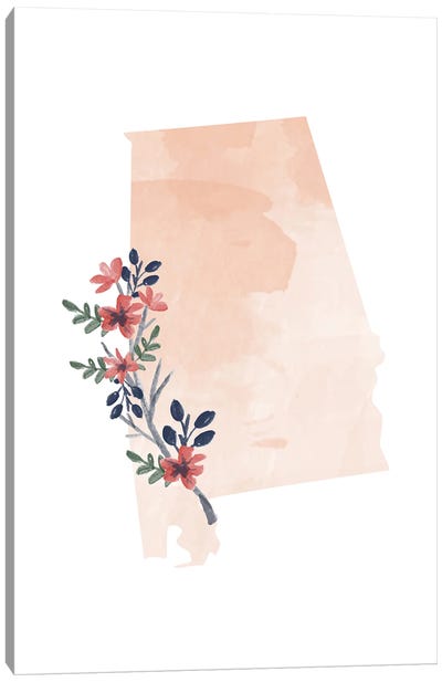 Alabama Floral Watercolor State Canvas Art Print - Alabama Art
