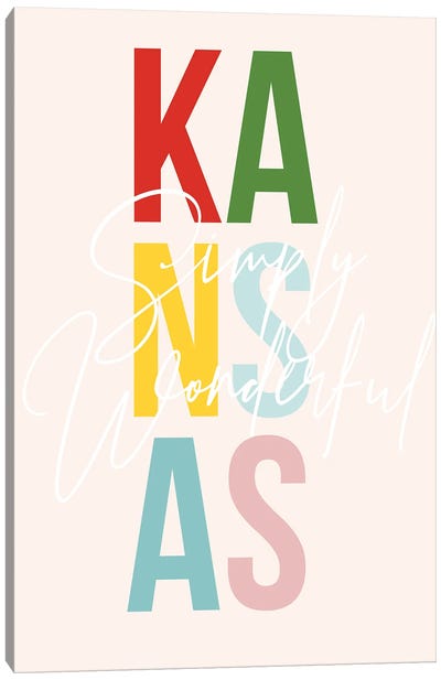 Kansas "Simply Wonderful" Color State Canvas Art Print - Kansas Art