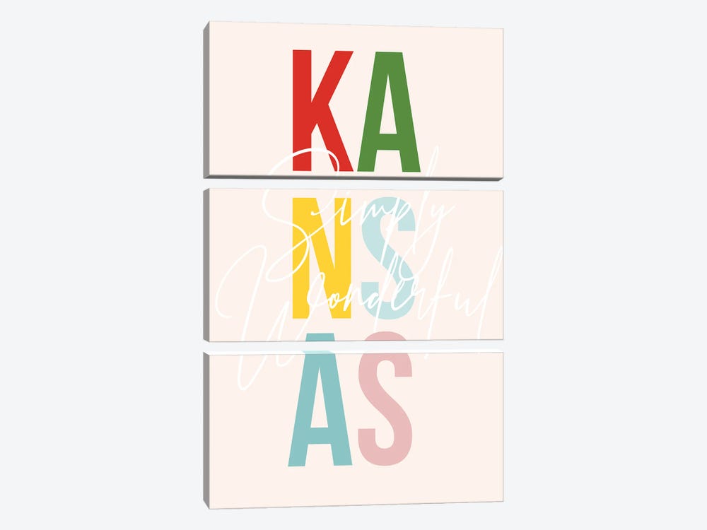 Kansas "Simply Wonderful" Color State by Typologie Paper Co 3-piece Canvas Artwork