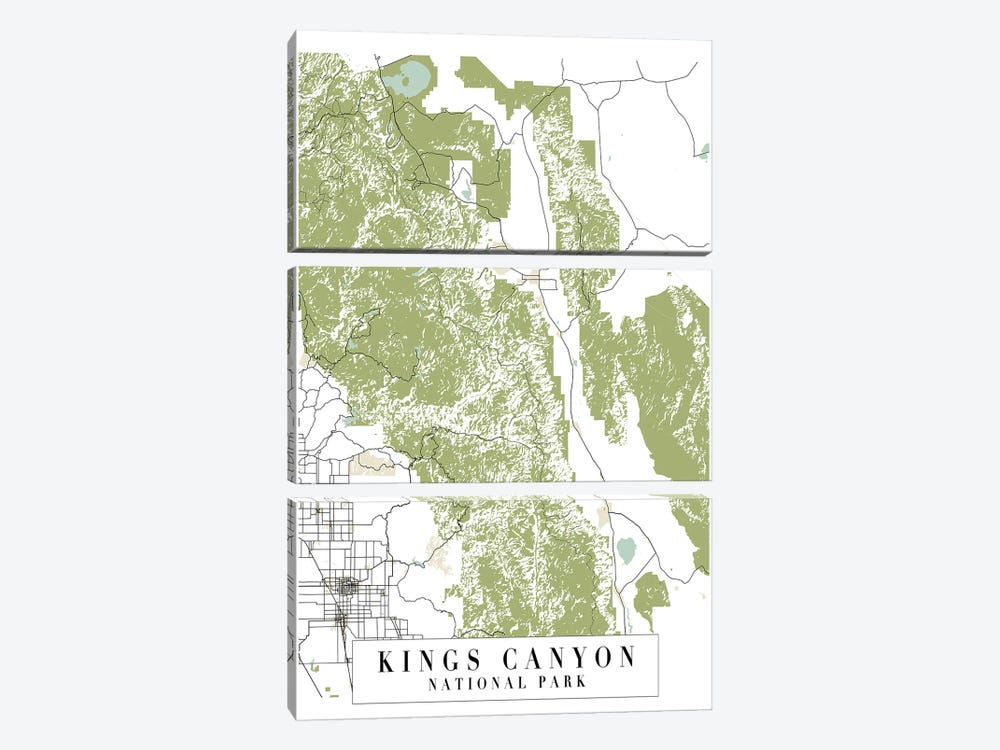 Kings Canyon National Park Retro Street Map by Typologie Paper Co 3-piece Canvas Art Print