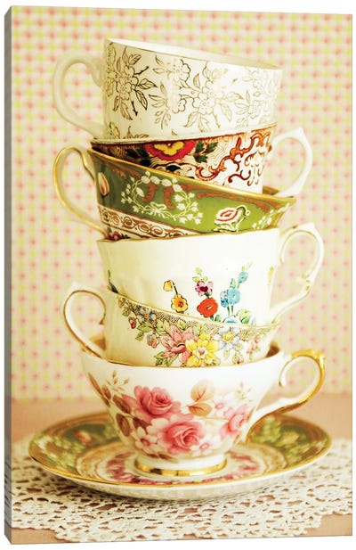 Antique Cups And Saucers I Canvas Art Print - Antique & Collectible Art