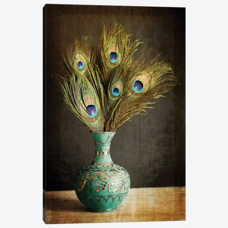 Peacock Feathers In Blue Vase Canvas Print #TQU187} by Tom Quartermaine Canvas Print