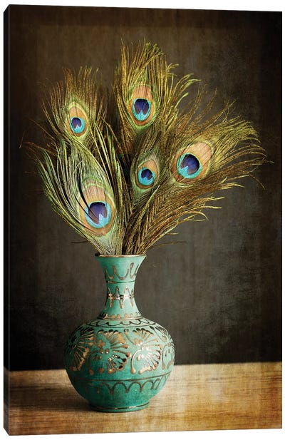 Peacock Feathers In Blue Vase Canvas Art Print - Indian Décor