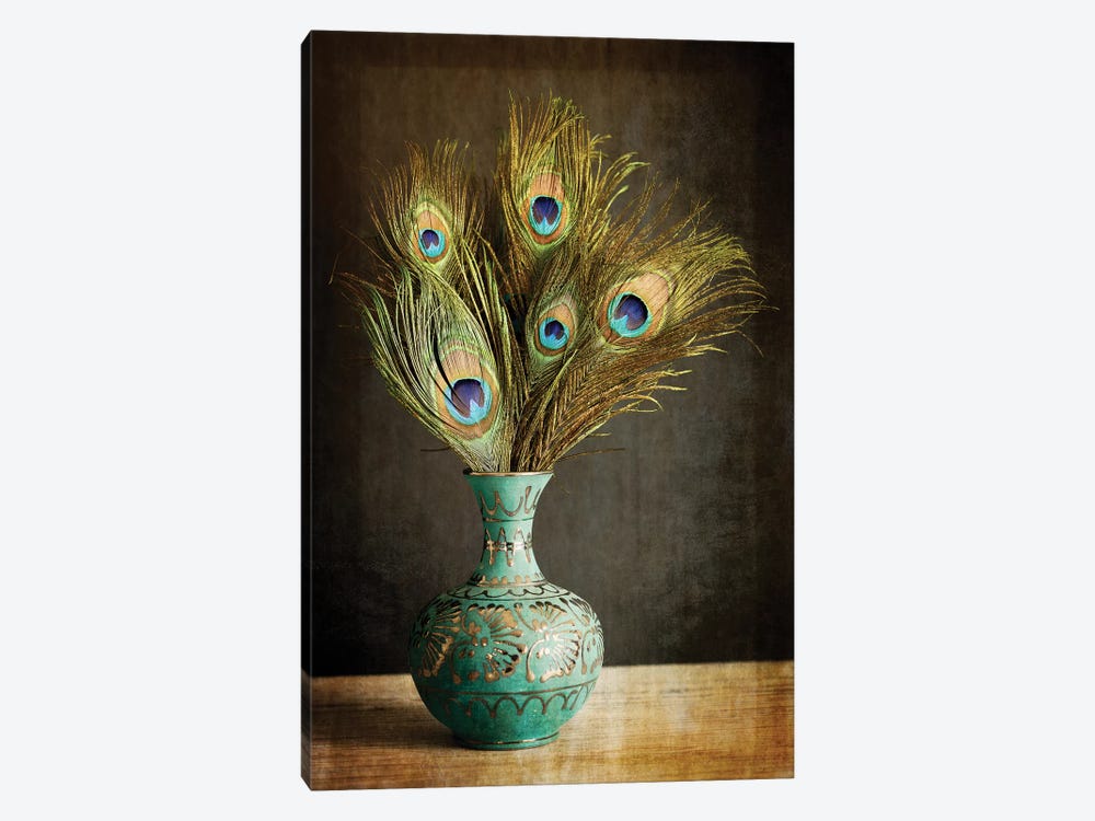 Peacock Feathers In Blue Vase by Tom Quartermaine 1-piece Canvas Artwork