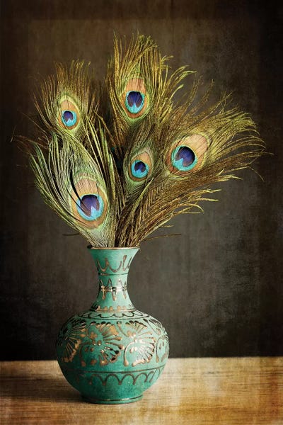 Tom Quartermaine: Peacock Feathers In Blue Vase by Tom Quartermaine