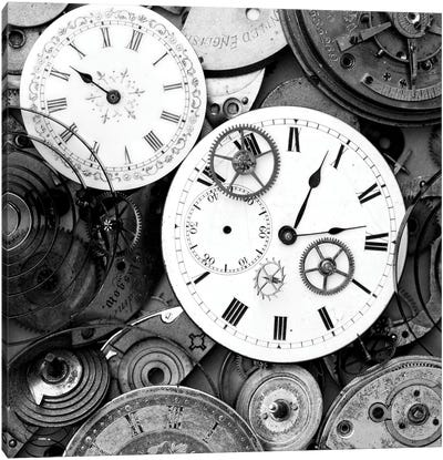 Pieces Of Old Watch B&W Canvas Art Print - Clock Art