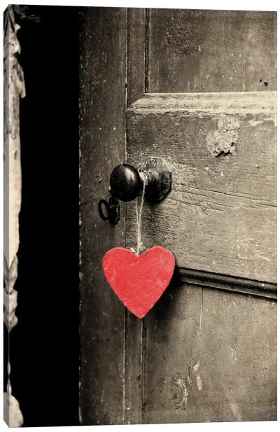 Antique Door With Red Heart Canvas Art Print - Black, White & Red Art