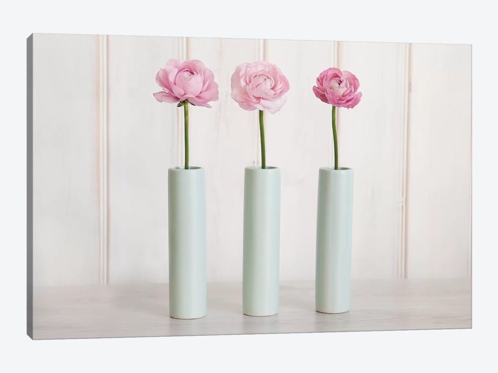 Row Of 3 Pink Flowers In Blue Vases 1-piece Canvas Wall Art