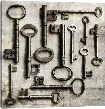 Collection Of Antique Keys In A Square Canvas Art Print - Keys