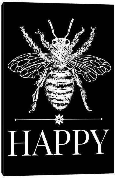 Bee Happy Vintage Bee Illustration On Black Canvas Art Print - Traci Anderson