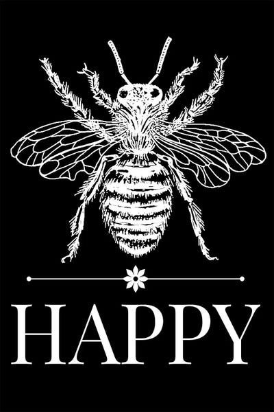 Traci Anderson: Bee Happy Vintage Bee Illustration On Black by Traci Anderson
