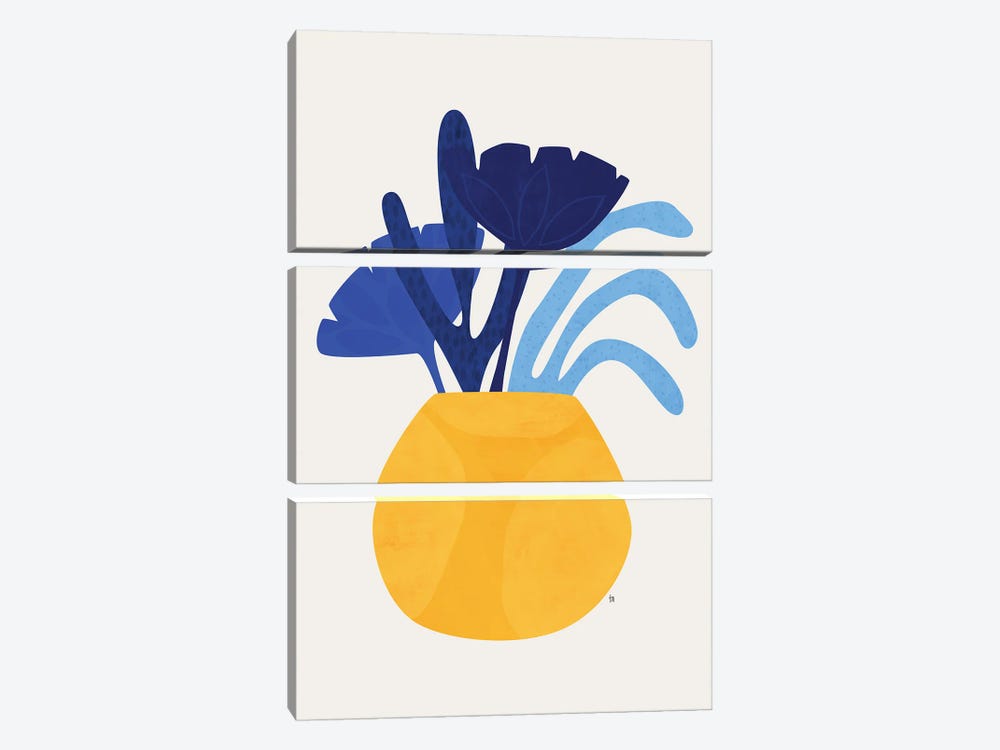Blue Plant Yellow Pot by Tracie Andrews 3-piece Canvas Print