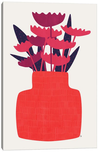Pink Flowers Red Vase Canvas Art Print - Minimalist Flowers