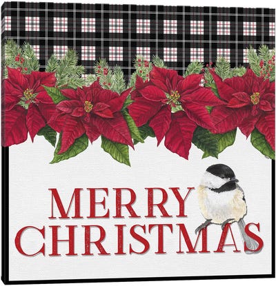 Chickadee Christmas Red II - Merry Christmas Canvas Art Print - Poinsettia Art
