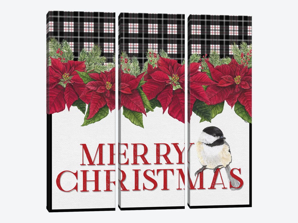 Chickadee Christmas Red II - Merry Christmas by Tara Reed 3-piece Canvas Print