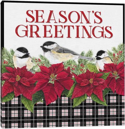 Chickadee Christmas Red IV - Seasons Greetings Canvas Art Print - Poinsettia Art
