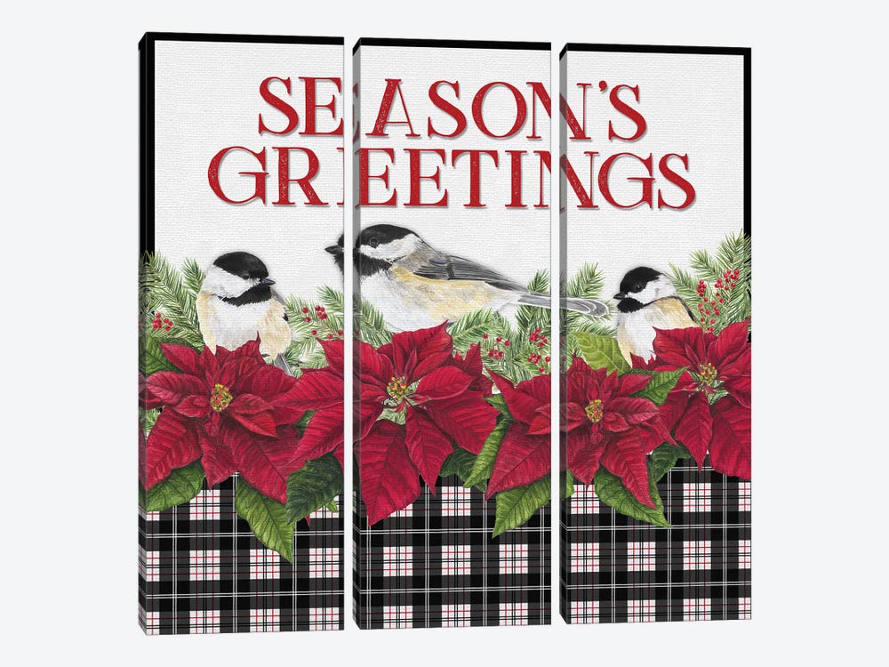 Chickadee Christmas Red IV - Seasons Greetings by Tara Reed 3-piece Art Print