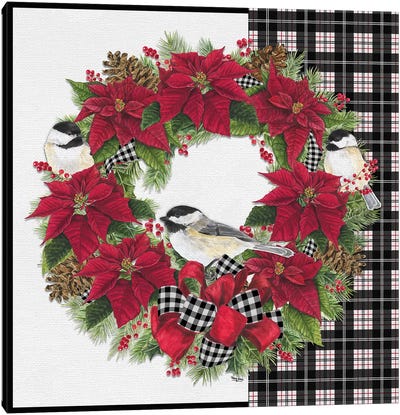 Chickadee Christmas Red V - Wreath Canvas Art Print - Poinsettia Art