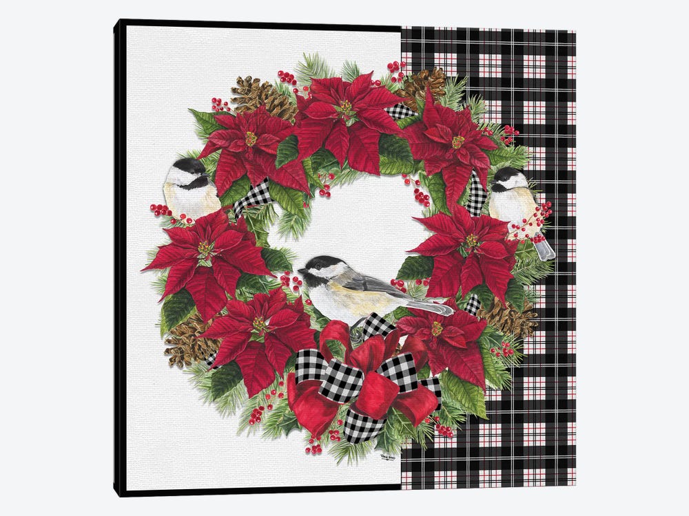 Chickadee Christmas Red V - Wreath by Tara Reed 1-piece Canvas Artwork