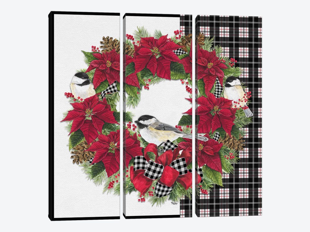 Chickadee Christmas Red V - Wreath by Tara Reed 3-piece Canvas Wall Art