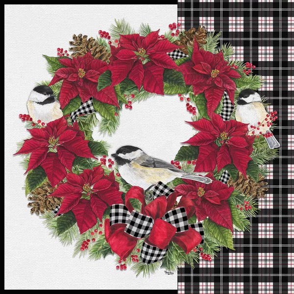Poinsettias: Chickadee Christmas Red V - Wreath by Tara Reed