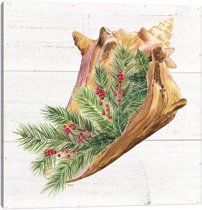 Christmas By The Sea Conch Canvas Art Print - Coastal Christmas Décor