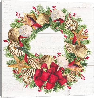Christmas By The Sea Wreath square Canvas Art Print - Christmas Trees & Wreath Art