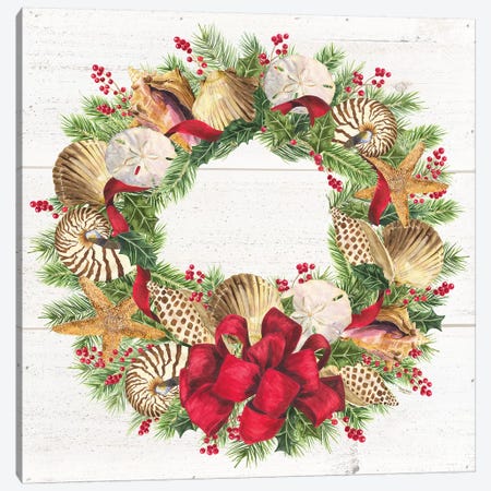 Christmas By The Sea Wreath square Canvas Print #TRE110} by Tara Reed Canvas Wall Art