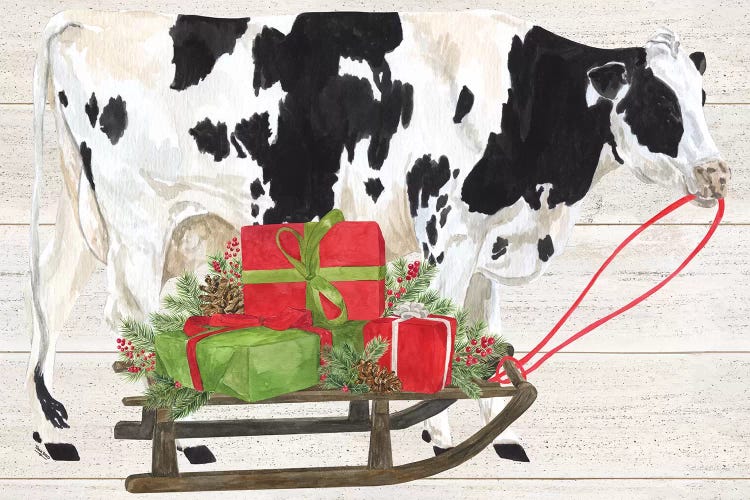 Christmas On The Farm I - Cow with Sled by Tara Reed wall art
