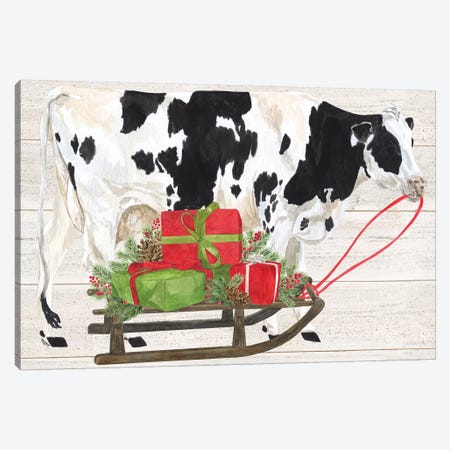 Christmas On The Farm I - Cow with Sled Canvas Print #TRE119} by Tara Reed Canvas Artwork