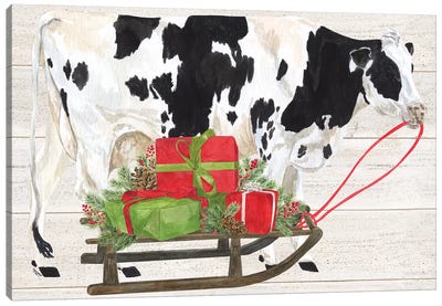 Christmas On The Farm I - Cow with Sled Canvas Art Print - Christmas Cow Art