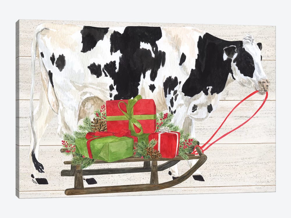 Christmas On The Farm I - Cow with Sled by Tara Reed 1-piece Canvas Print