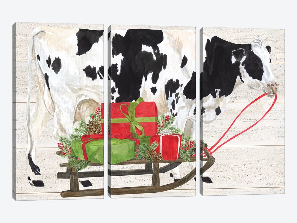Christmas On The Farm I - Cow with Sled by Tara Reed 3-piece Canvas Print