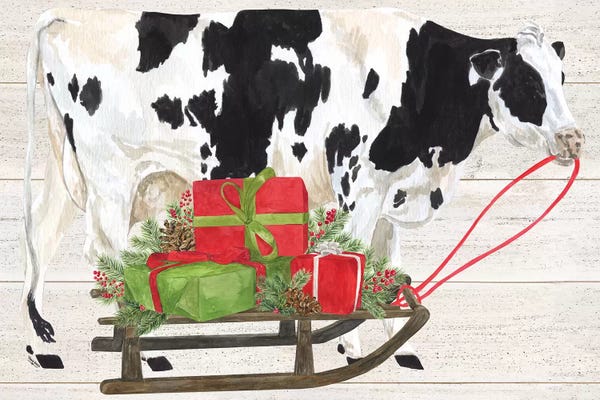 Tara Reed: Christmas On The Farm I - Cow with Sled by Tara Reed