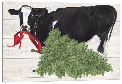 Christmas On The Farm II - Cow with Tree Canvas Art Print - Evergreen Tree Art