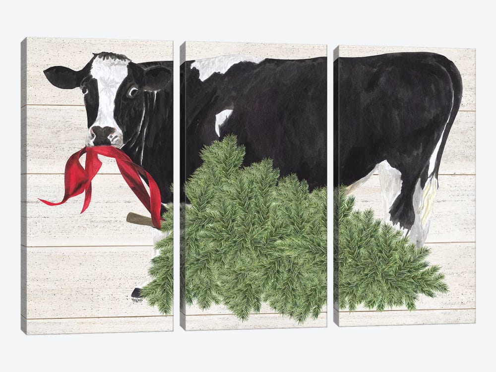 Christmas On The Farm II - Cow with Tree by Tara Reed 3-piece Canvas Art Print