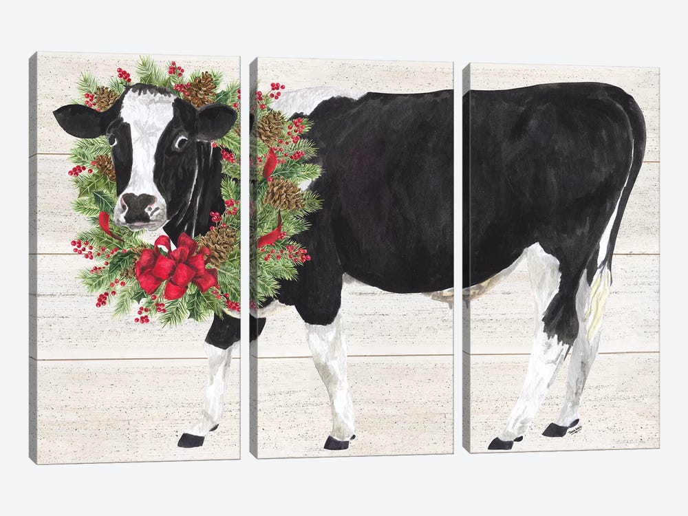 Christmas On The Farm III - Cow with Wreath by Tara Reed 3-piece Canvas Artwork