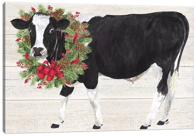 Christmas On The Farm III - Cow with Wreath Canvas Art Print - Christmas Cow Art