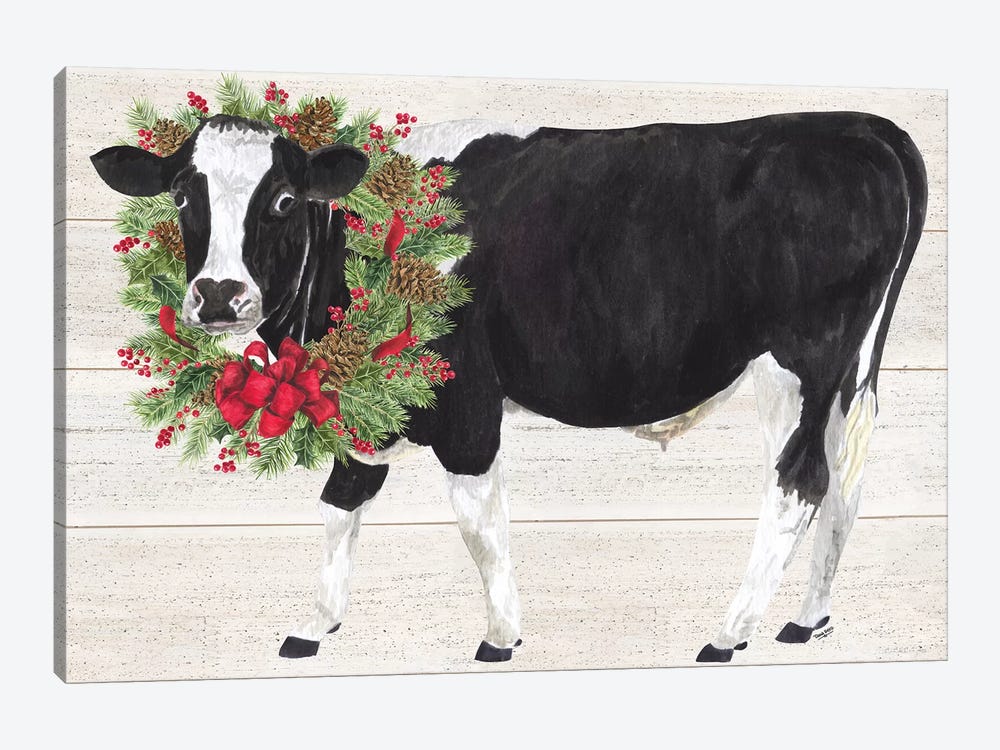 Christmas On The Farm III - Cow with Wreath by Tara Reed 1-piece Canvas Art
