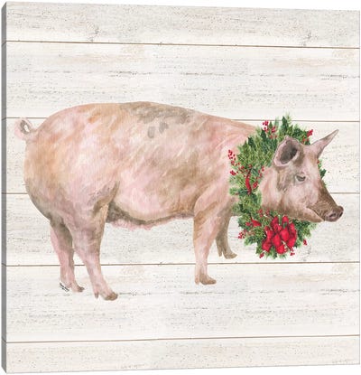 Christmas On The Farm IV - Pig Canvas Art Print - Farmhouse Christmas Décor