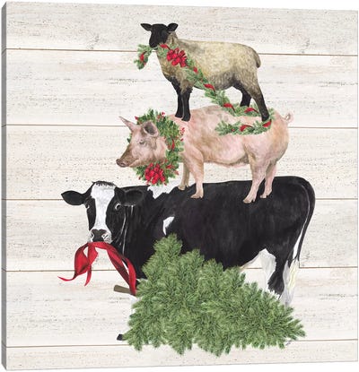 Christmas On The Farm VI - Trio Facing Left Canvas Art Print - Christmas Cow Art