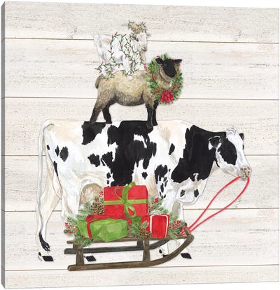Christmas On The Farm VII Trio Facing Right Canvas Art Print - Christmas Cow Art