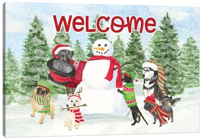 Dog Days Of Christmas - Welcome Canvas Art Print - Christmas Animal Art