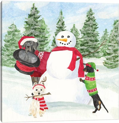 Dog Days Of Christmas I - Building Snowman Canvas Art Print - Christmas Animal Art